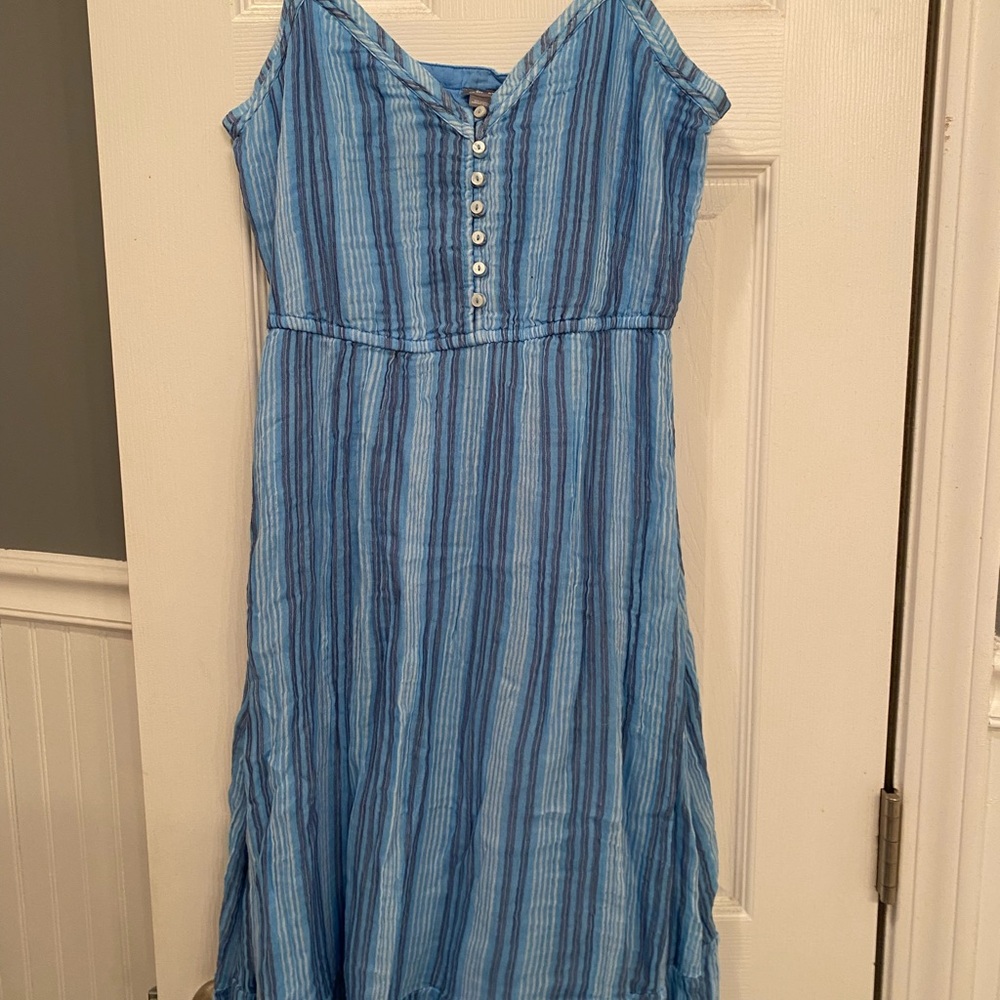 Aerie Tiered Midi Button-Down Blue Striped Dress